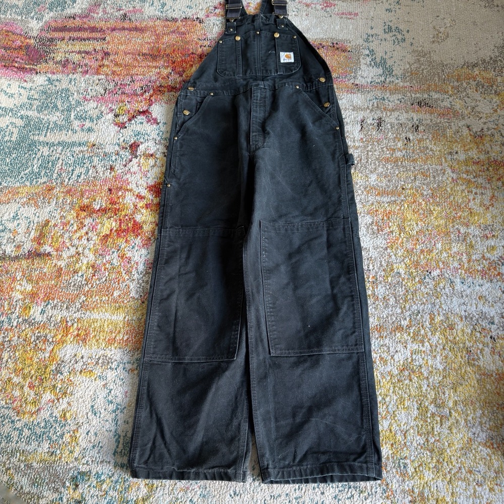 Vintage Faded Carhartt R01 BLK Black Duck Double Knee Bib Overalls Size 36x30